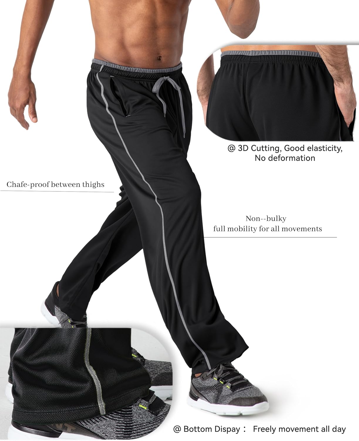 Detalle de KEFITEVD men’s tracksuit bottoms open hem quick-dry mesh joggers with zip pockets
