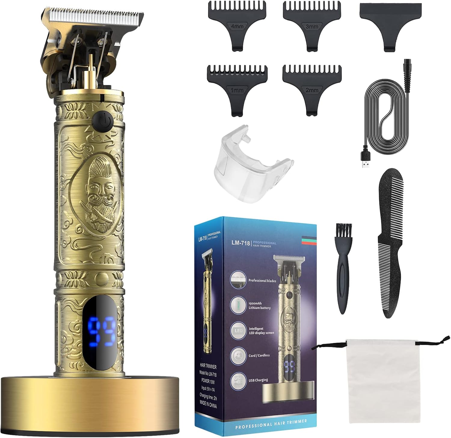 Detalle de Suttik cordless professional men’s hair clipper & trimmer kit with charging dock, LED display and guide combs
