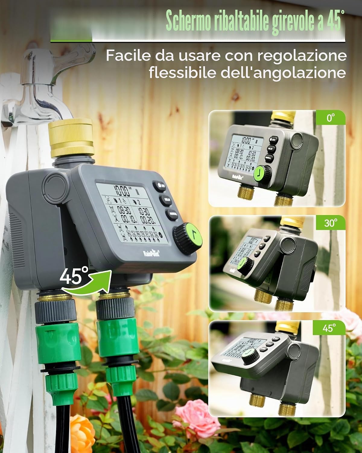 Detalle de RAINPOINT Centralina irrigazione con 2 uscite, timer con ritardo pioggia, IP54 e LCD grande (ingresso/uscita in ottone)