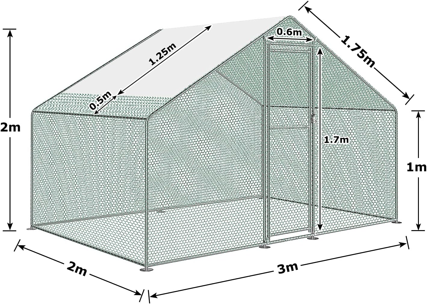 Detalle de LZQ LZQ-HAG8344A kippenren 3 x 2 x 2 m met verzinkt staal en PE-dak