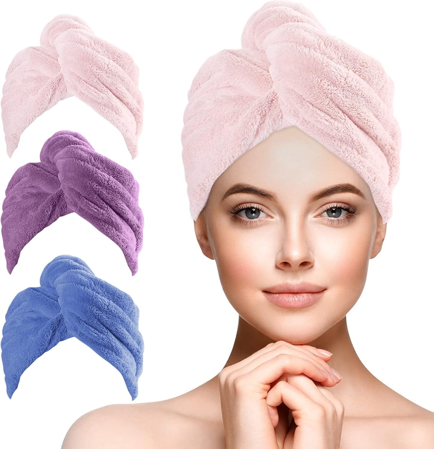 Detalle de URAQT Asciugamano Microfibra Capelli – 3 Pezzi turbante con bottone, morbidissimo e super assorbente