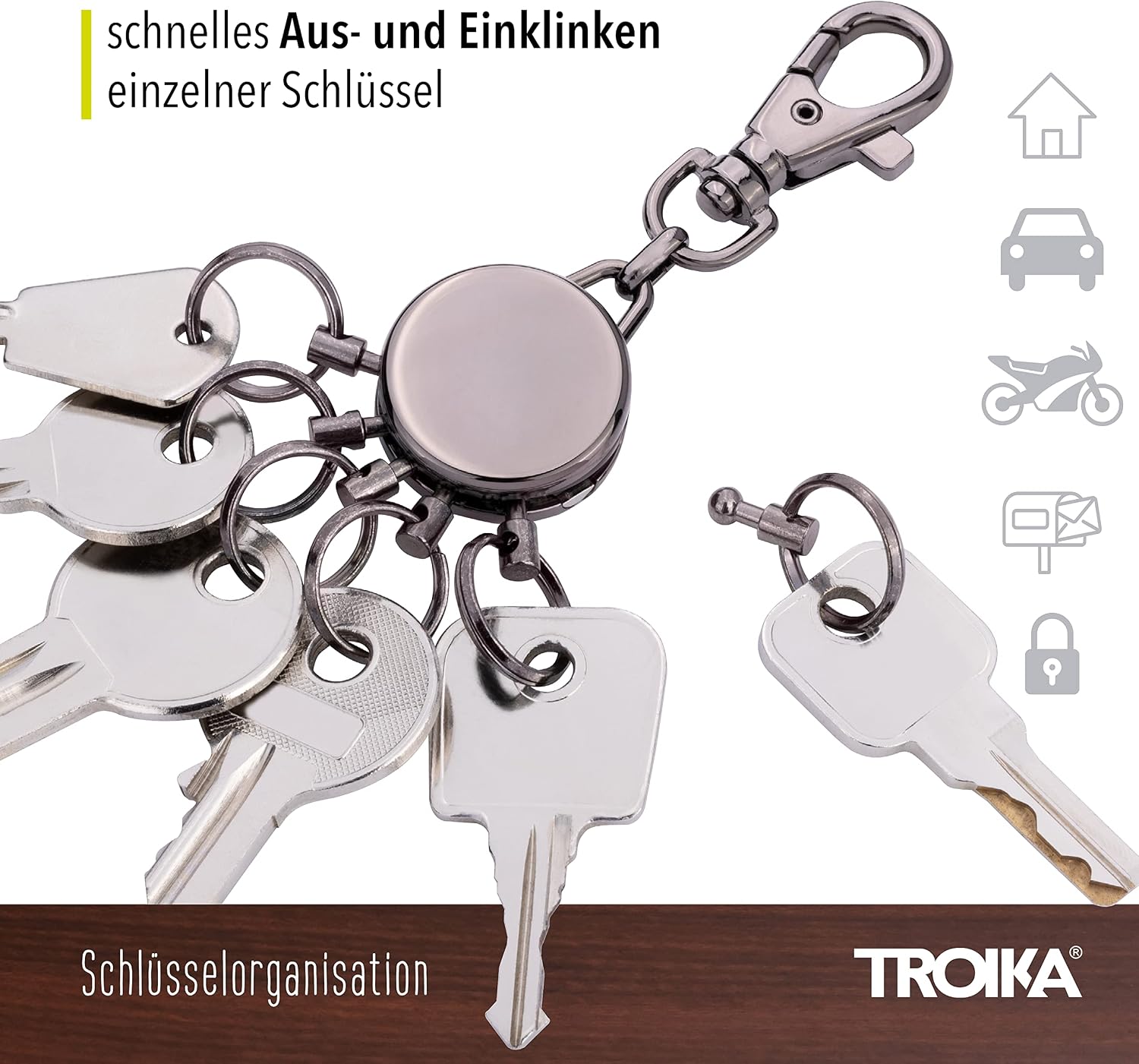 Detalle de TROIKA Basic GM (gun metal) – Schlüssel-Organizer mit Karabiner und 6 austauschbaren Ringen