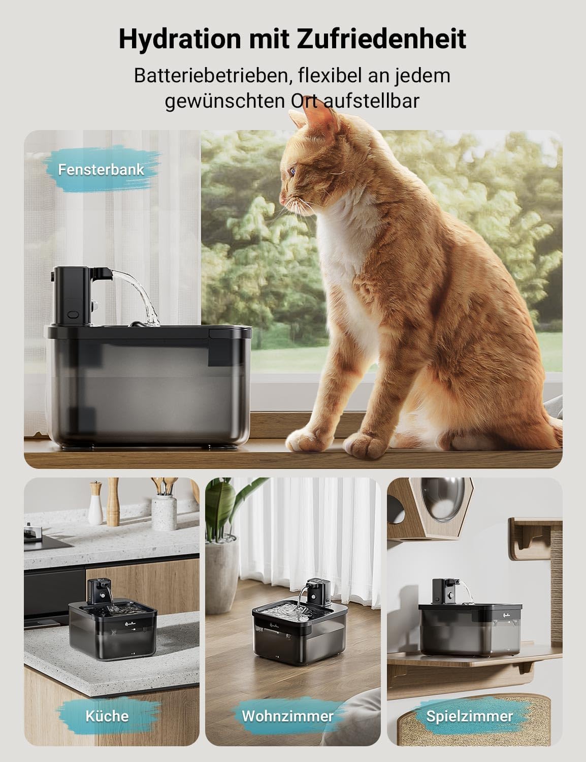 Thumbnail 1 de DownyPaws Katzenbrunnen kabellos mit Bewegungsmelder, 2,5 l, batteriebetrieben (4000 mAh) – weiß