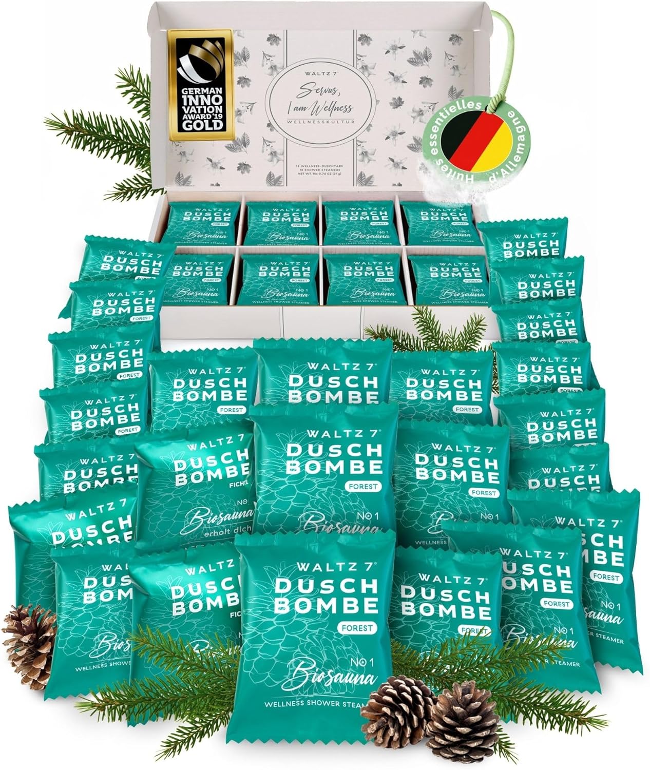 WALTZ 7 Set de bombes de douche Épicéa – coffret 32 sachets, aromathérapie pour douche