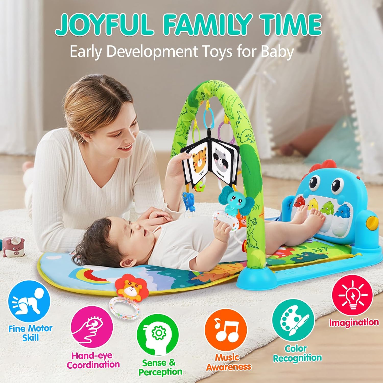 Thumbnail 4 de UMIKU Green Dinosaur Baby Play Mat with Piano, Contrast Books & Hanging Toys