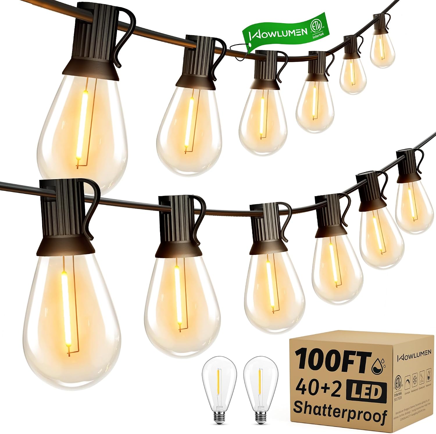 Detalle de WOWLUMEN GLS-20J2P-E12-S11- Outdoor String Lights, 100 ft, 2200K, 42 LED Bulbs