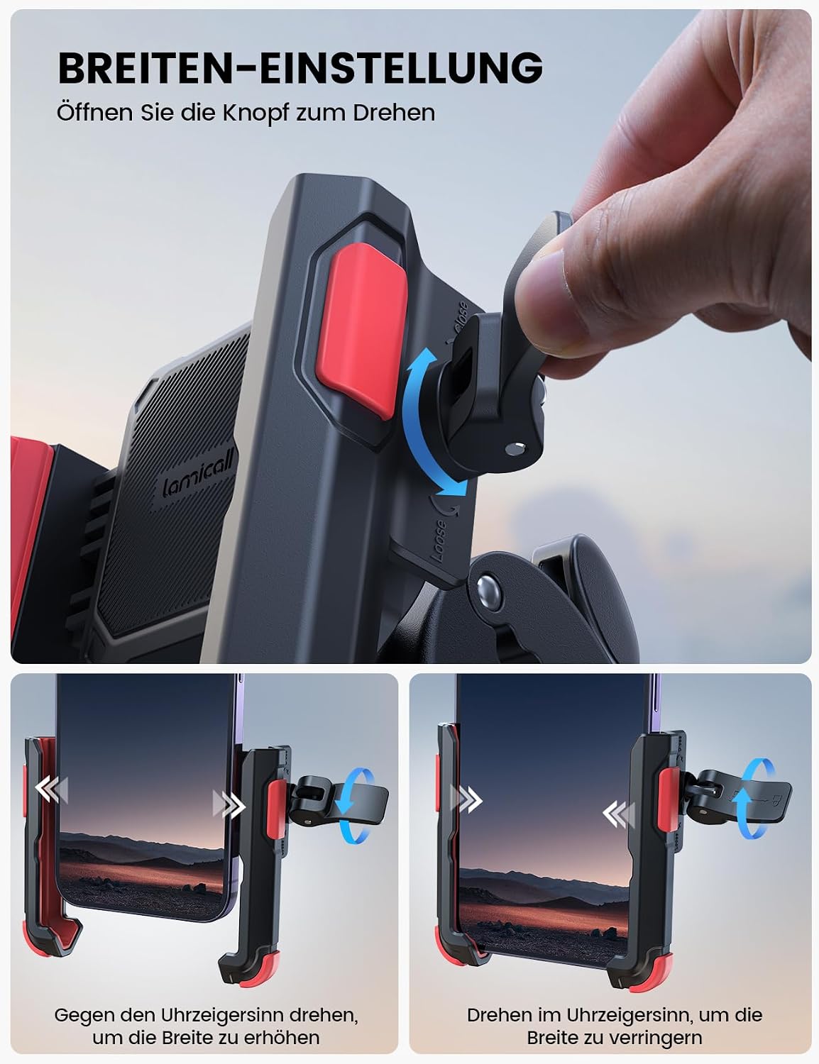 Detalle 2 de Lamicall Handyhalterung Motorrad & Fahrrad – 360° Lenkerhalter mit 1S Schnellspanner für Smartphones 4,7–7 Zoll