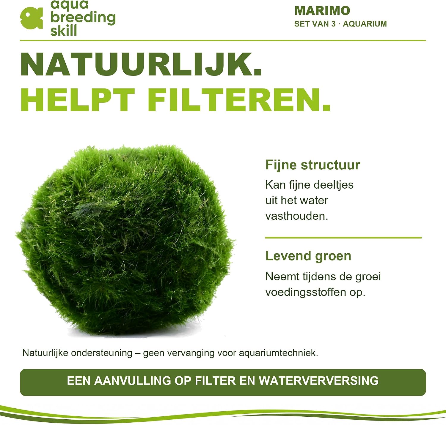 Detalle de Aqua Breeding Skill Marimo mosballen, set van 3, 4–5 cm voor zoetwateraquaria