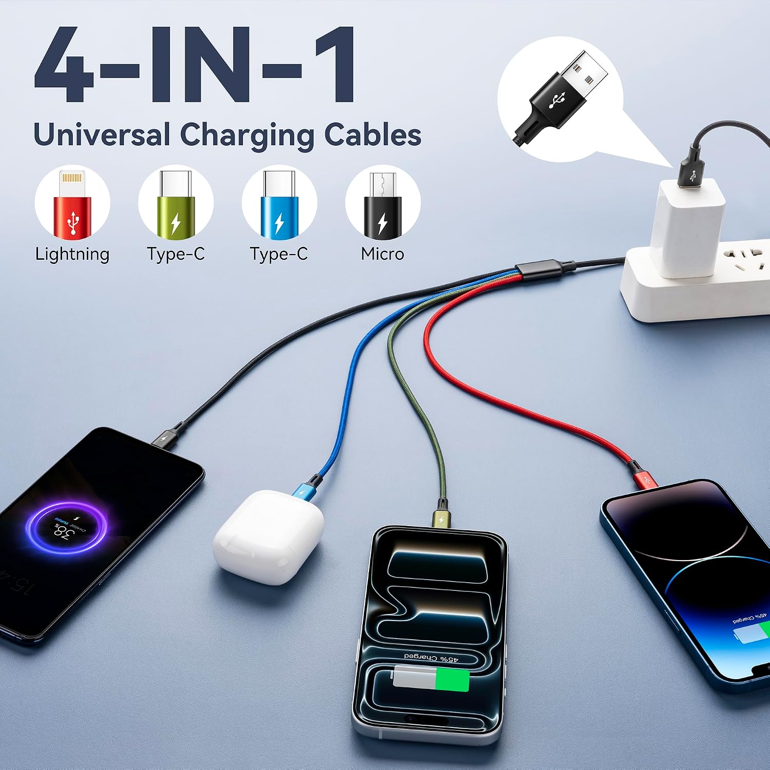 Detalle 2 de MINLU 4-in-1 Dual USB-C Multi Charging Cable (4ft) – Type-C, Lightning, Micro USB
