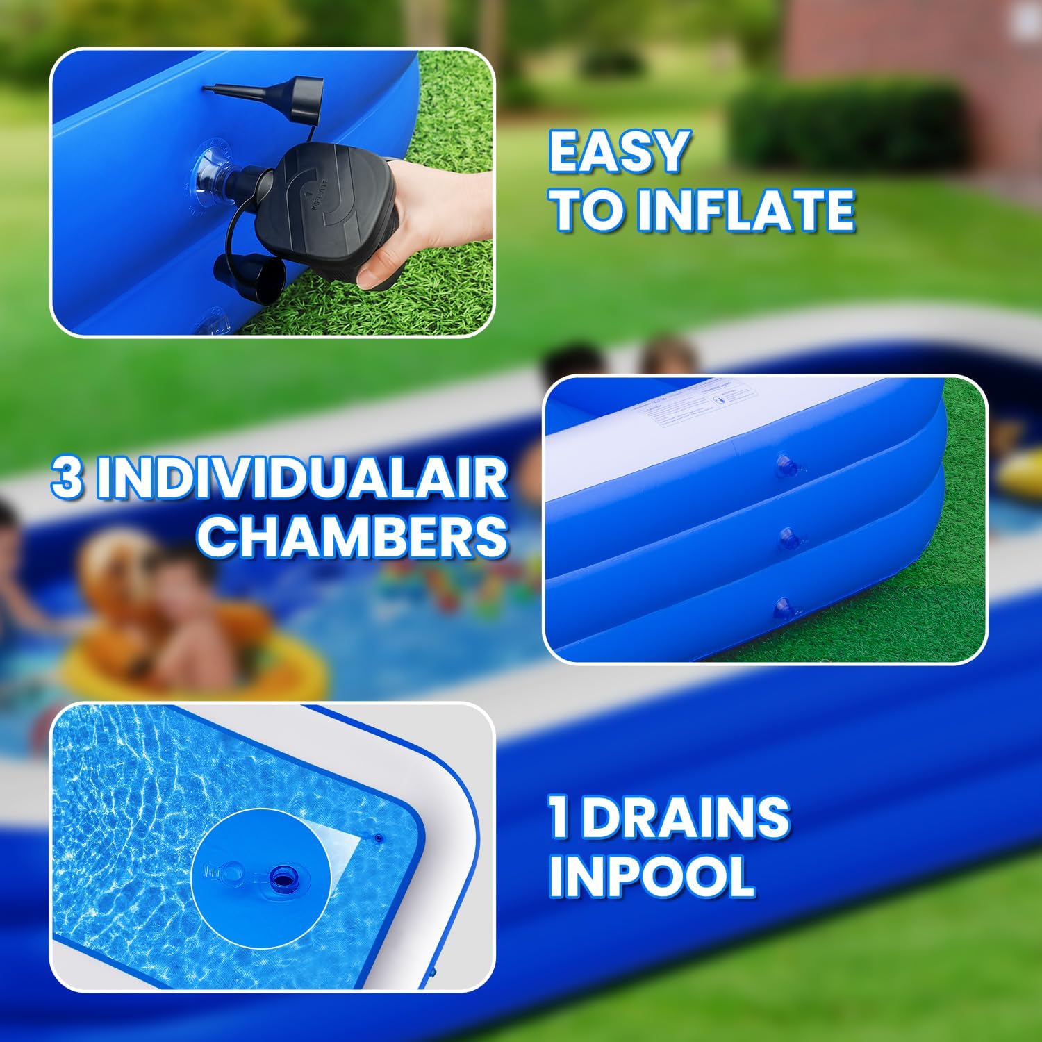 Detalle de BEFAMALI Extra Large Inflatable Pool for Adults, 145" x 74" x 22