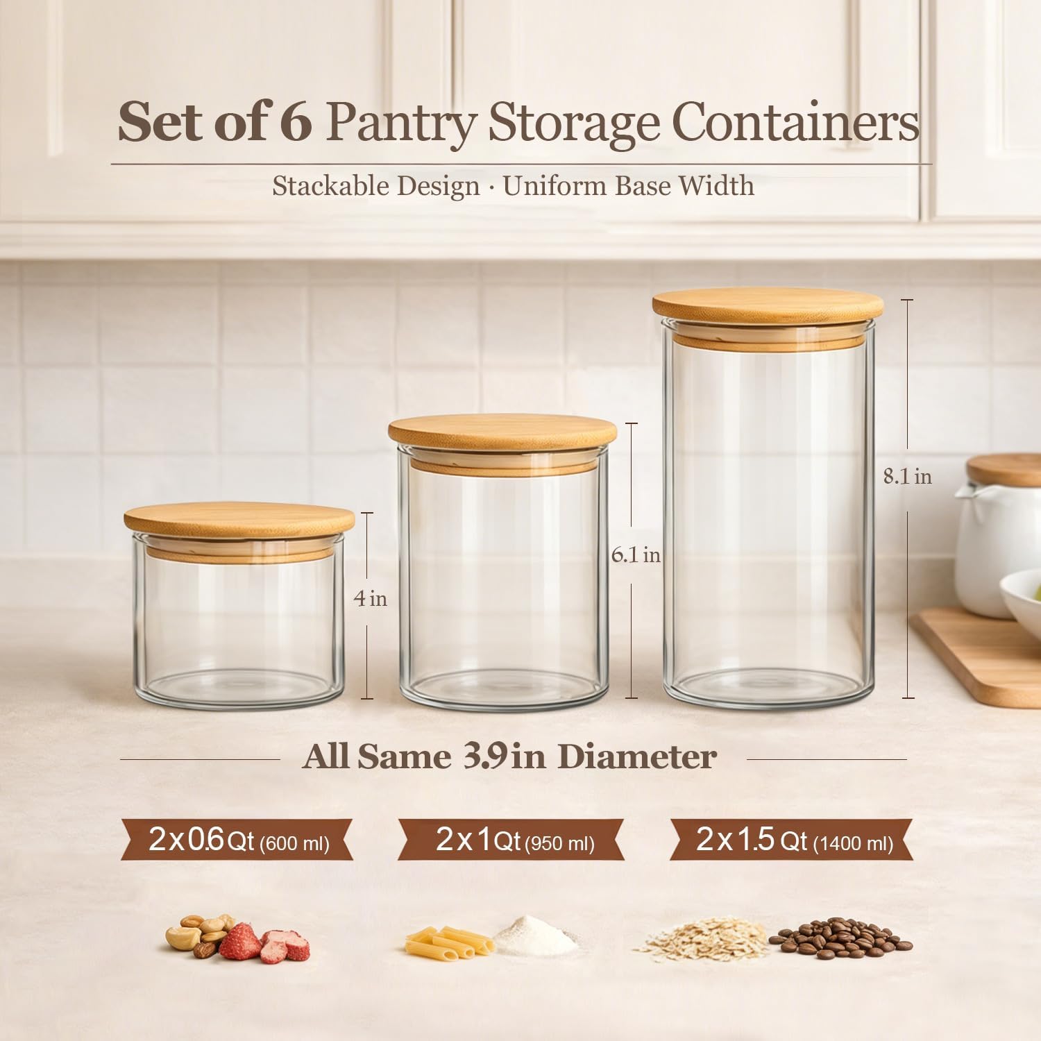 Thumbnail 3 de ComSaf Glass Storage Containers with Lids (0.6qt/1qt/1.5qt) Set of 6 — Airtight Pantry Glass Jars