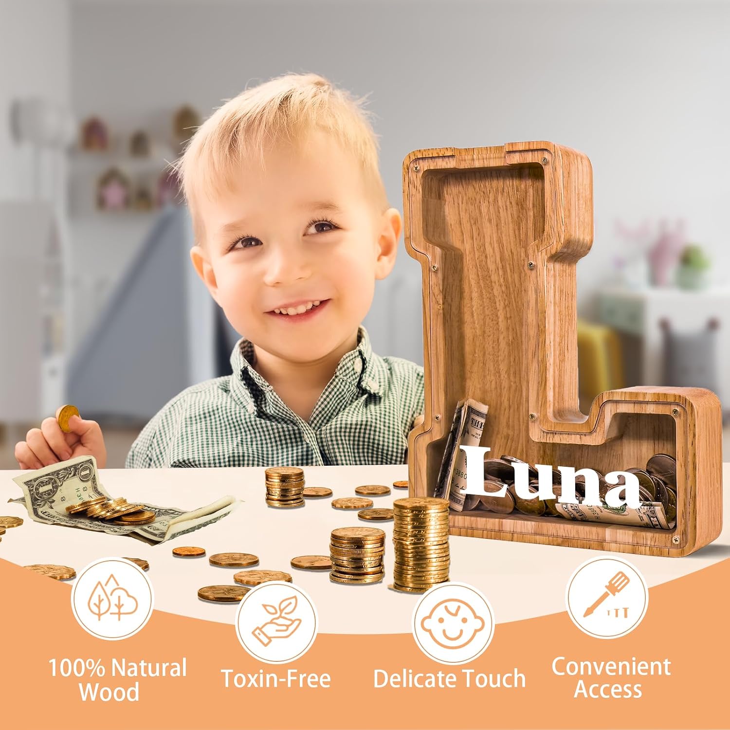 Thumbnail 1 de JOOMLAFLY Wooden Letter Piggy Bank: Large, Personalized Initial Coin Bank for Kids