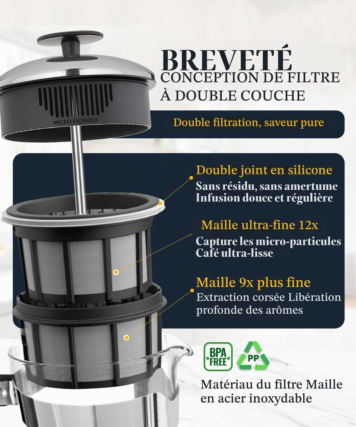 Detalle 2 de ESPRO P5 1218C koffiepers van glas en roestvrij staal, 532 ml