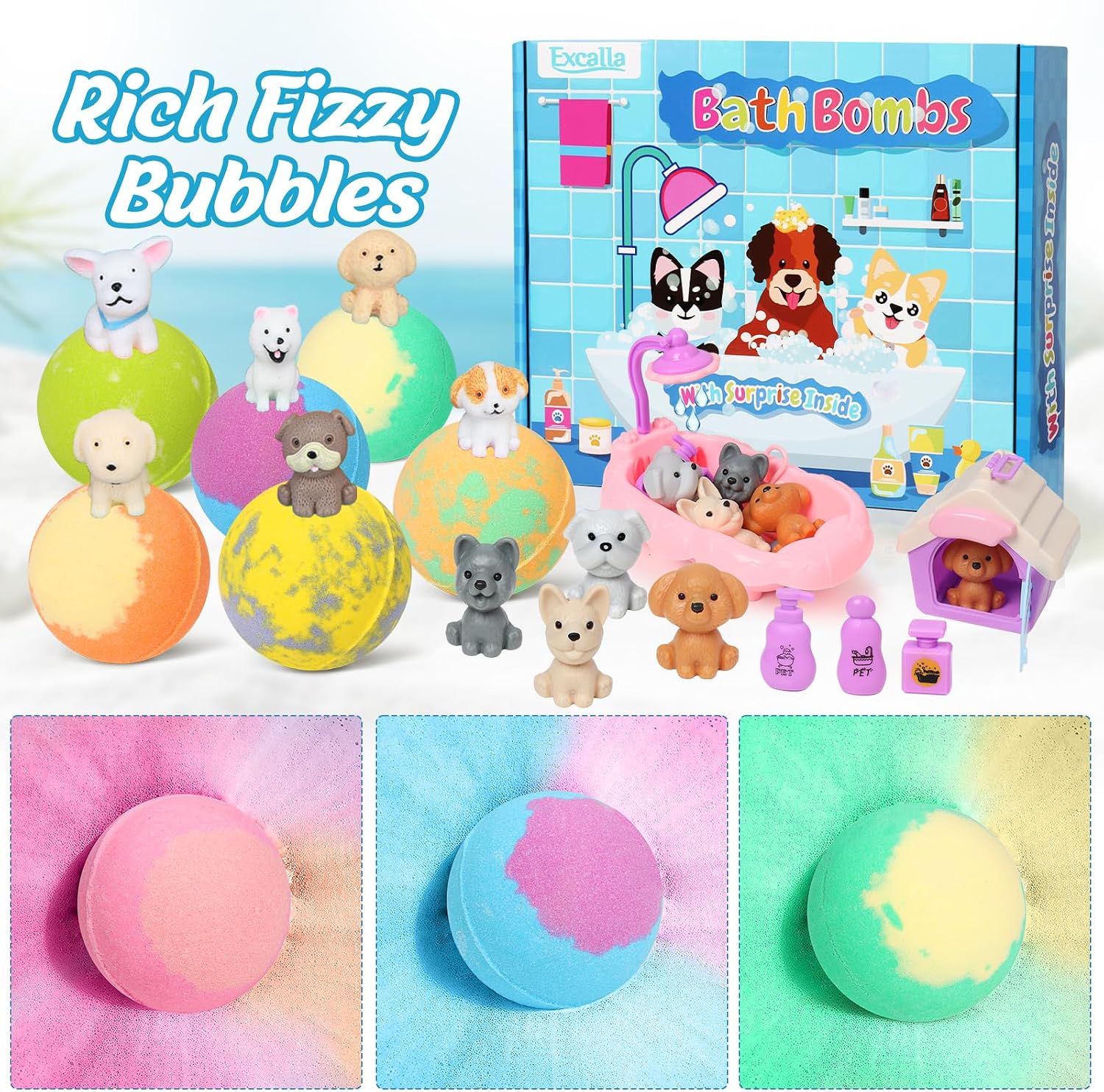 Detalle 2 de Bath Bombs for Kids with Toys Inside: 12-Pack Bubble Bath Fizzies with Surprise Dog Playset