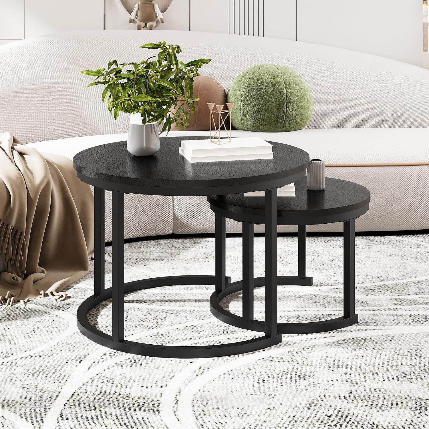 Detalle de HOMERECOMMEND ronde salontafelset van 2 met houten bladen en zwart metalen frame