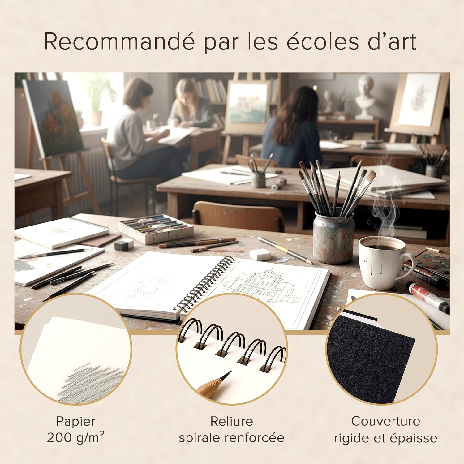 Detalle de Carnet à dessin relié A4 à spirales – Papier très épais 200 g/m², 40 feuilles (80 pages)
