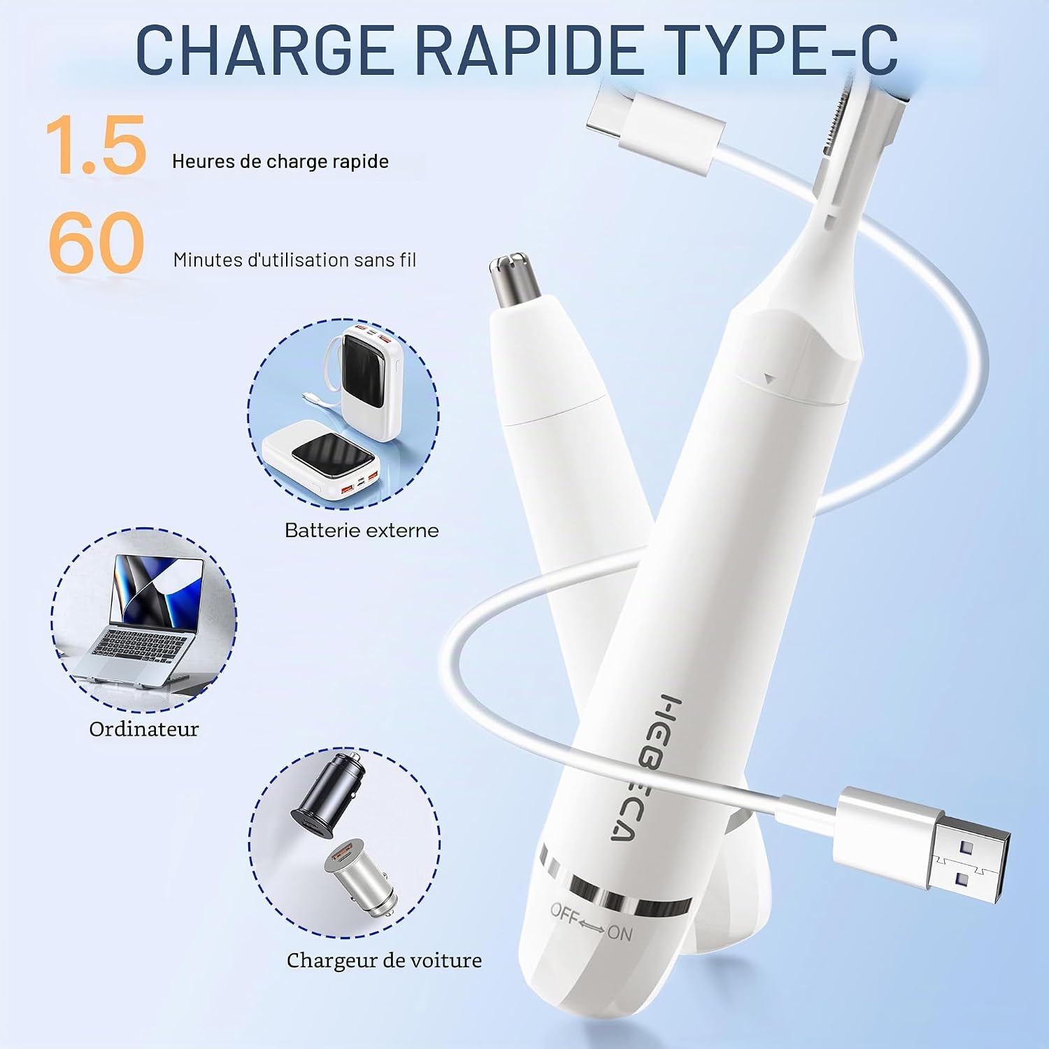 Detalle de HEBECA Tondeuse de nez et 2-en-1 sourcils et visage – rechargeable, étanche et portable
