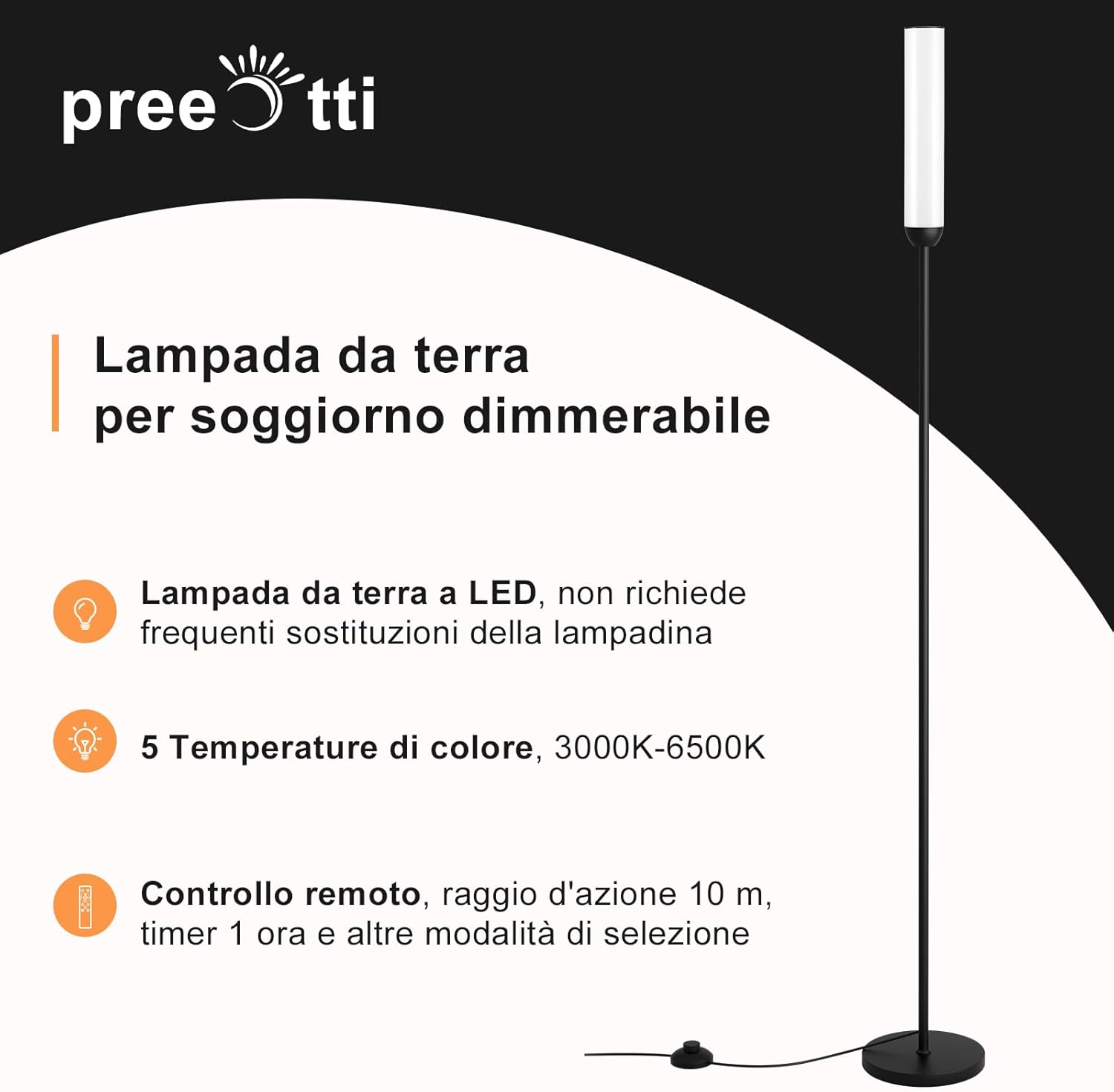 Thumbnail 6 de PreeOtti LED-Stehlampe für Wohnzimmer, dimmbar, mit Fernbedienung & 5 Farbtemperaturen (schwarz)