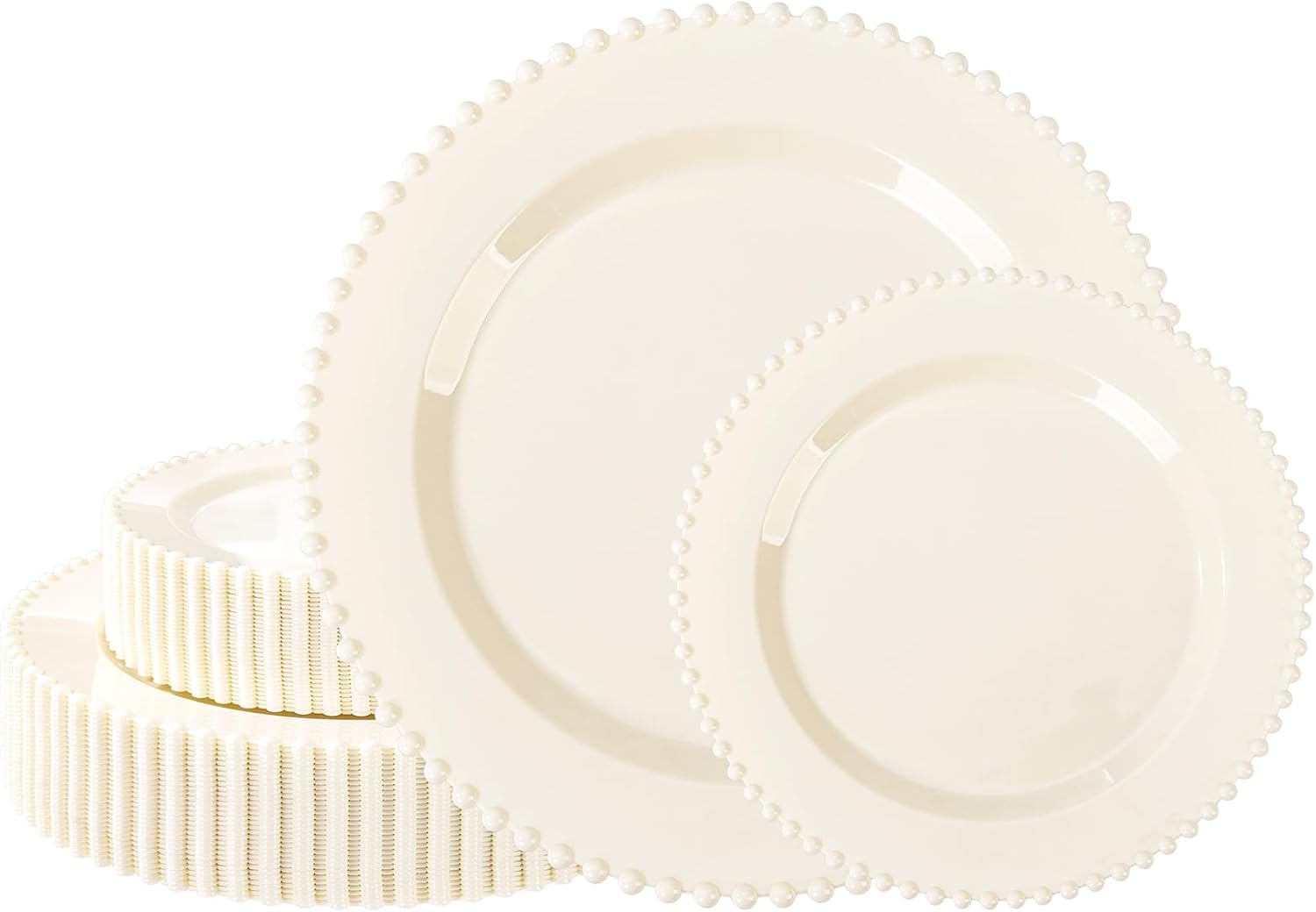 Detalle de U-QE 60PCS Ivory Beaded Plastic Plates - 30 Dinner (10in) + 30 Dessert (7in) Set