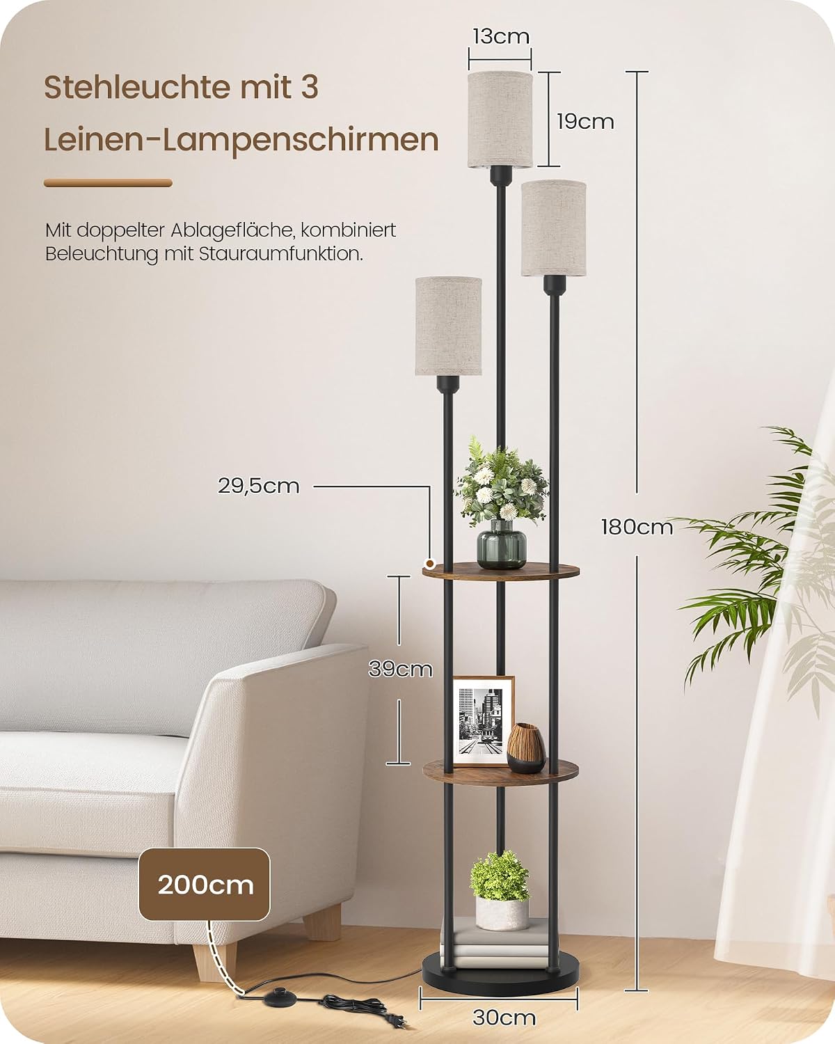 Detalle 2 de GOEBLESON Stehlampe Wohnzimmer mit Ablage, 3-flammige Vintage-Leuchte aus Holz mit Fußschalter – E27 Fassungen