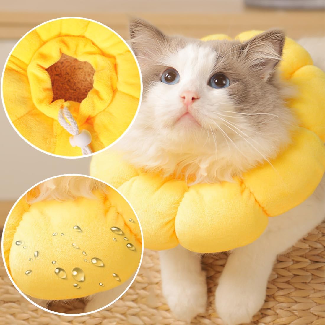 Detalle de Wishstar Halskrause Katze Größe S – weicher Leckschutz im Sonnenblumen-Design