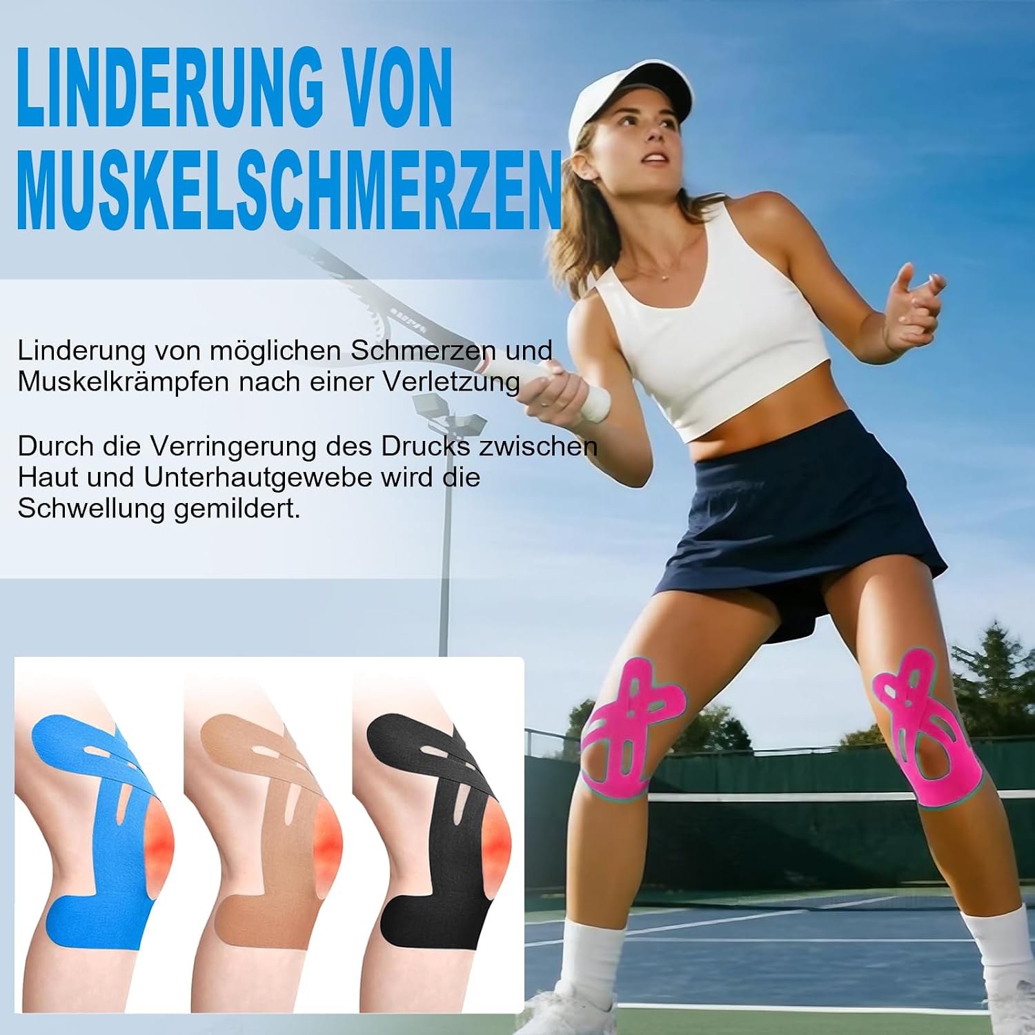 Detalle de NEUJUS Knie Tape Vorgeschnitten – 12 Streifen Kinesio Tape für Knie, elastisch, hautfreundlich, stark haftend