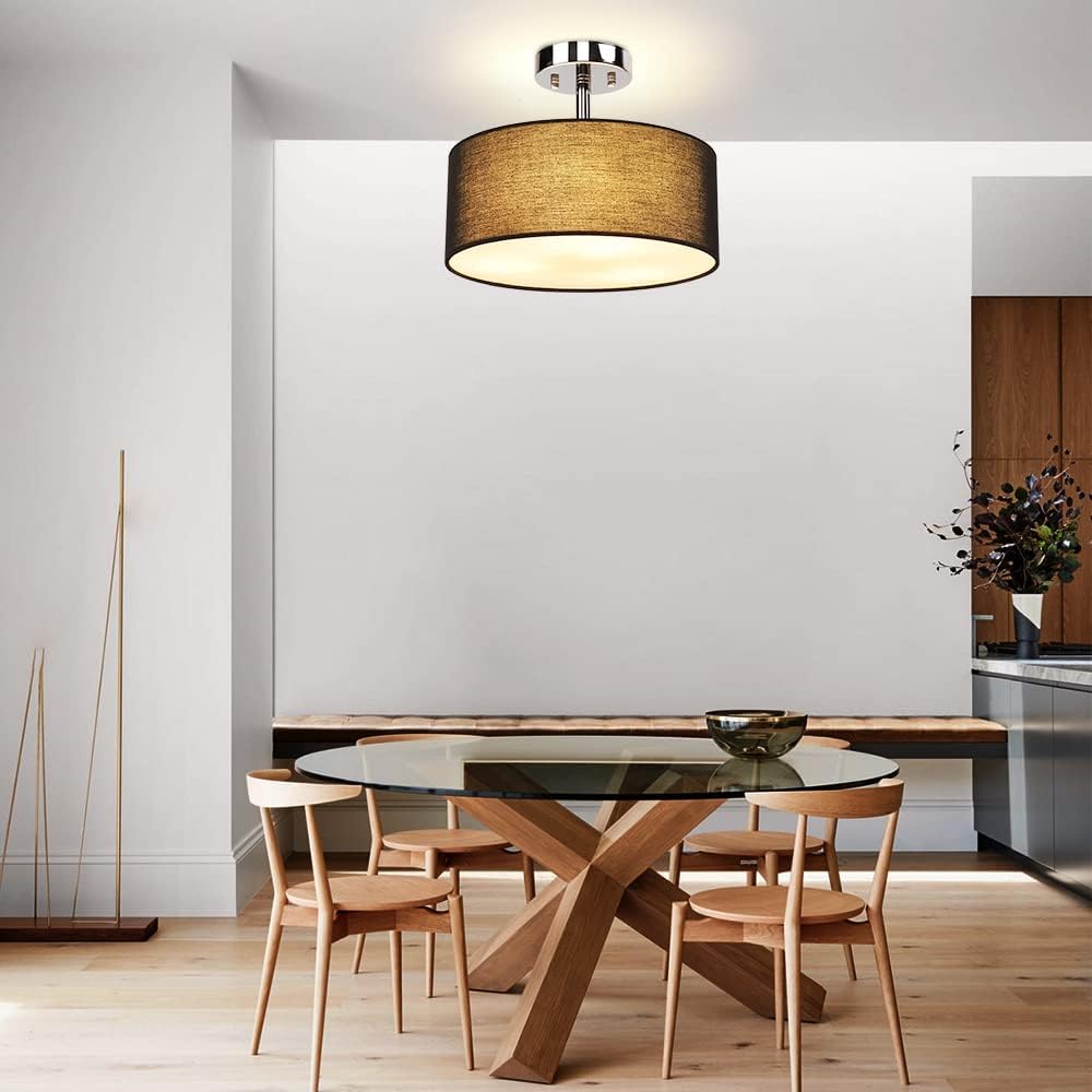 Detalle de Depuley 3-Light Semi-Flush Mount Ceiling Light Fixture with Black Fabric Drum Shade