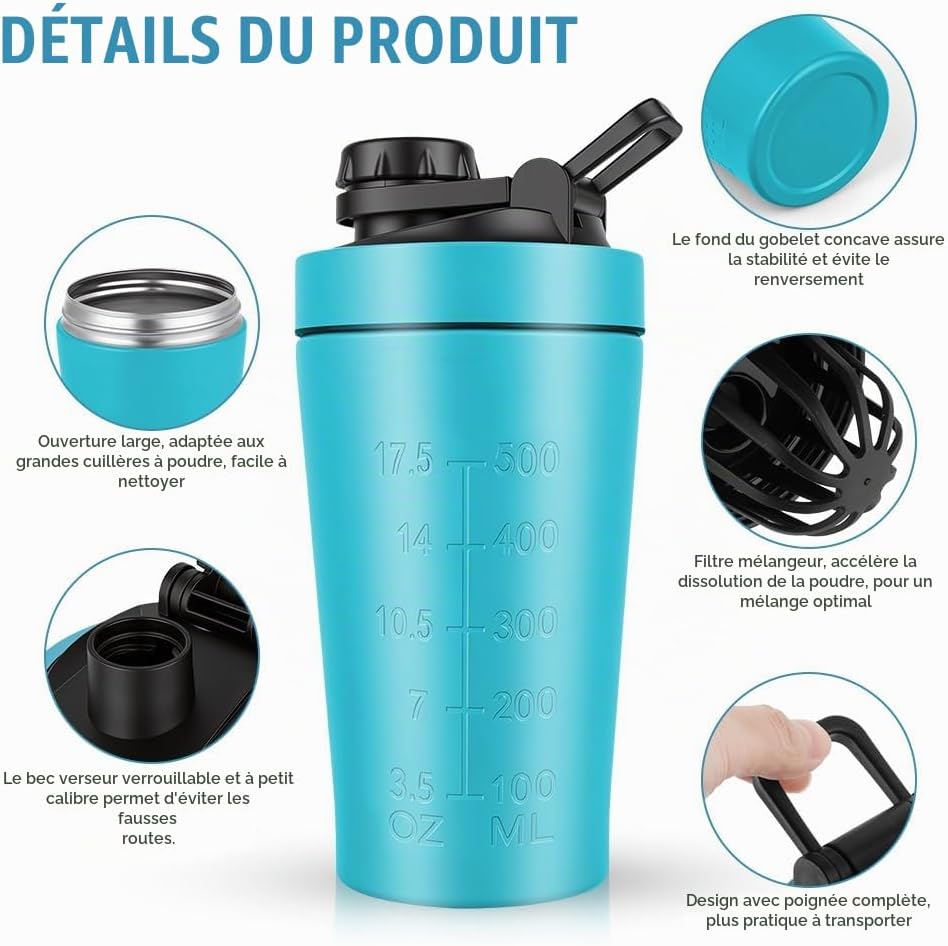 Detalle de AOOWU 5824632 eiwitshaker van roestvrij staal, 600 ml met mengbal