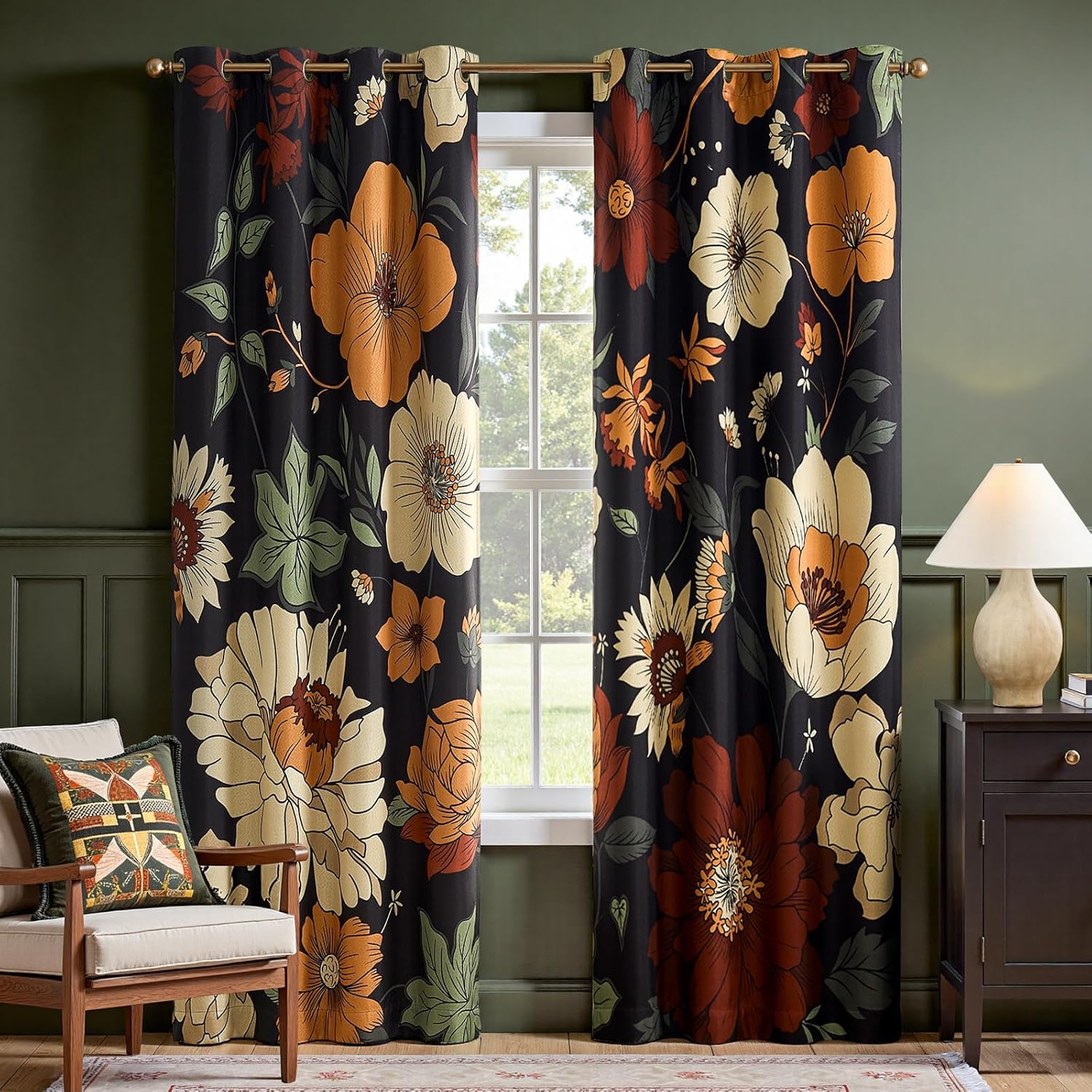 Detalle de jinchan JINCHAN Curtains Floral Blackout Drapes, 80% Light Blocking, 96-Inch