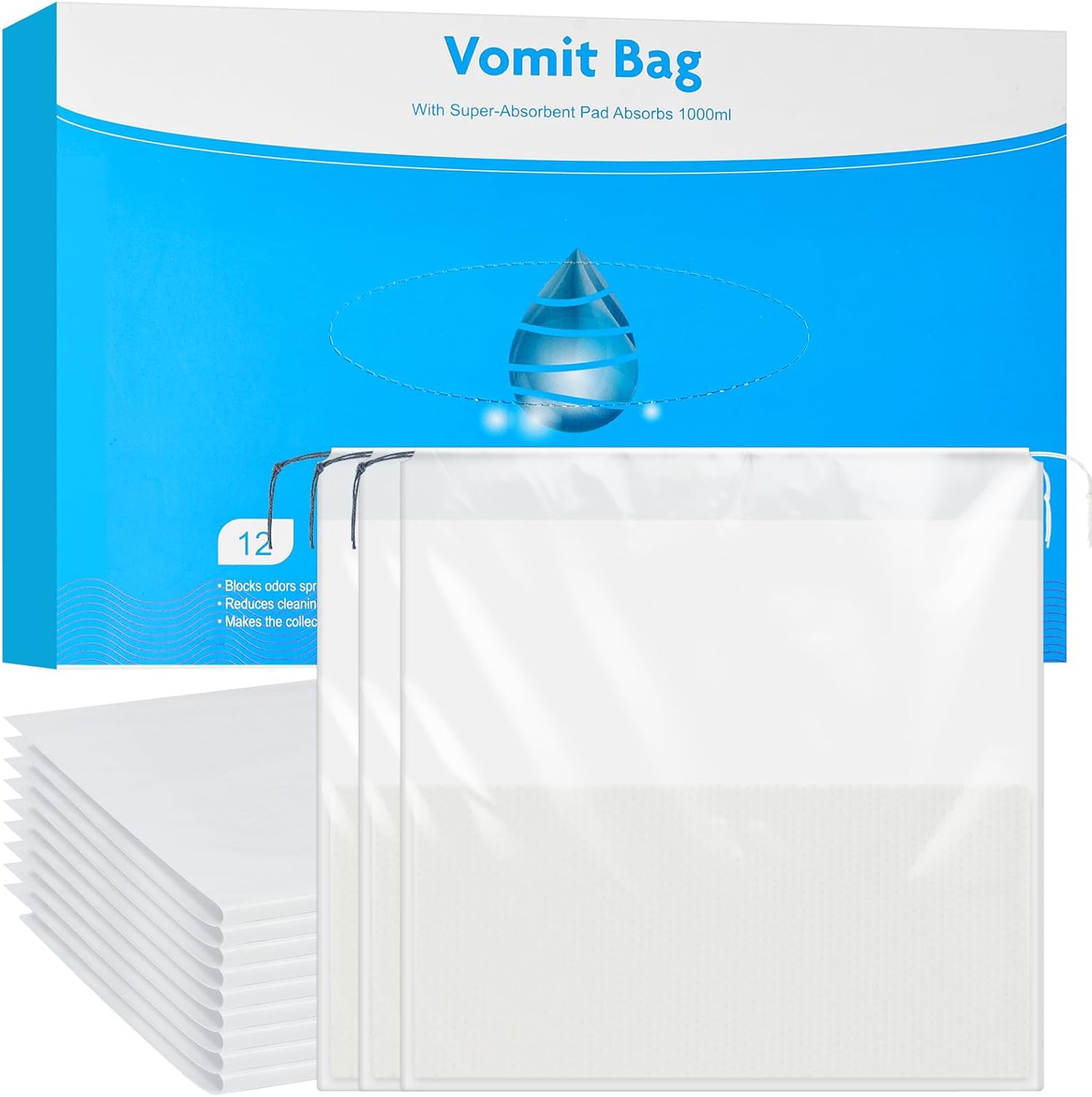 Detalle de AOGOE Absorbent Sick Bags (12 Pack) – 1000ml Leak‑Resistant Vomit Bags for Travel