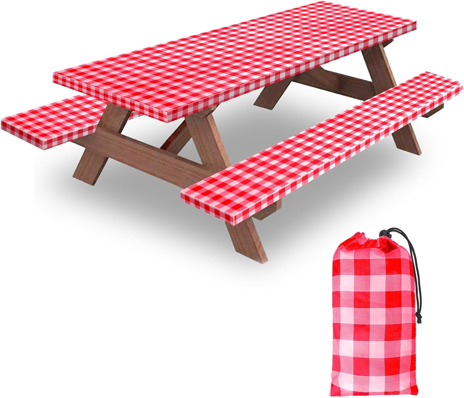 Detalle de KENOBEE 72in Picnic Table and Bench Cover Set, Red-White Checkered