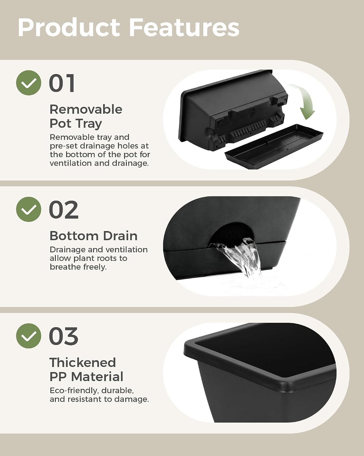 Thumbnail 4 de Bamworld 7-Piece 43 cm Window Box Planter Set, Black Plastic with Drainage
