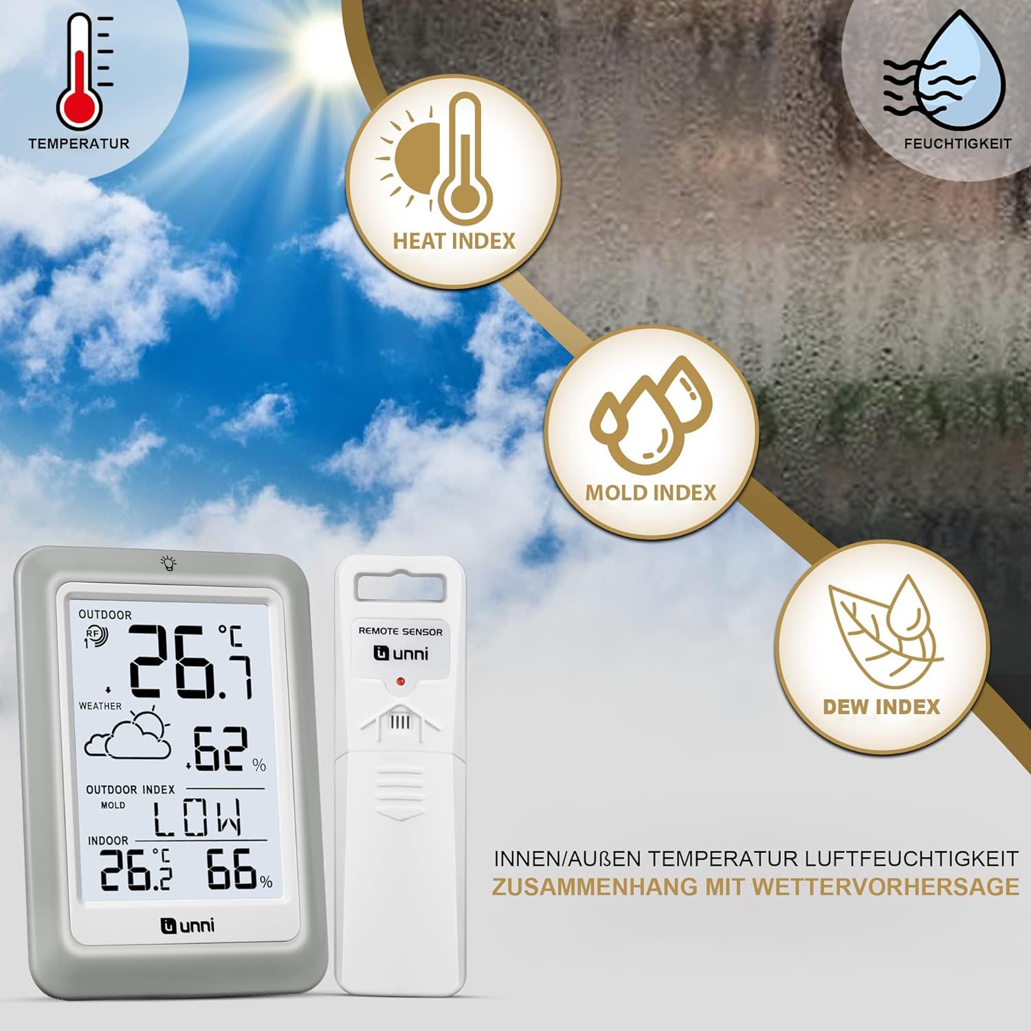 Thumbnail 2 de U UNNI Funk-Wetterstation mit Außensensor (Batteriebetrieb) – Wettervorhersage, °C/°F & 2 Helligkeitsstufen