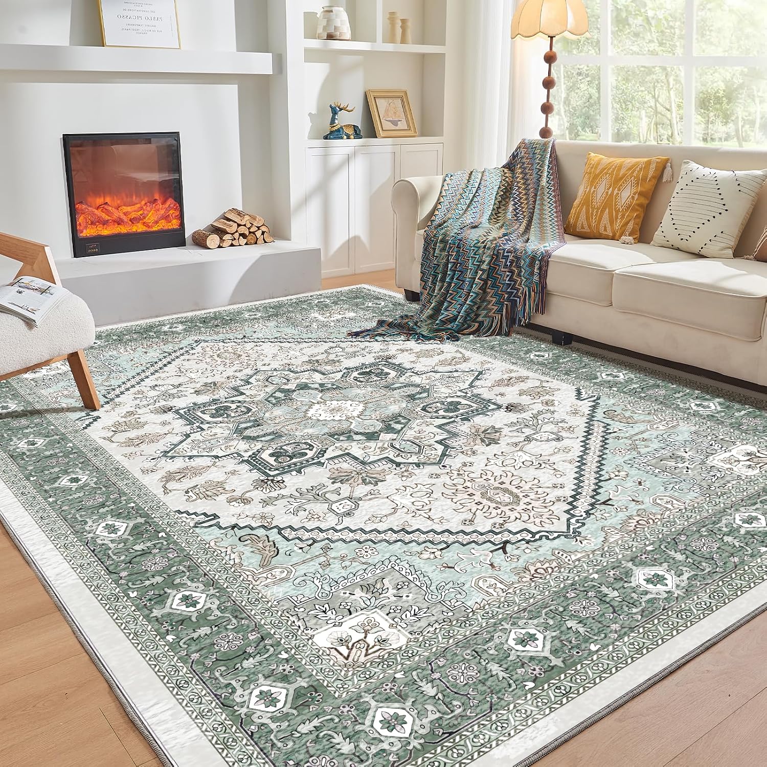 Detalle de OPPODREAM 4'x6' Washable Area Rug, Green, Low Pile, Non-Slip Backing