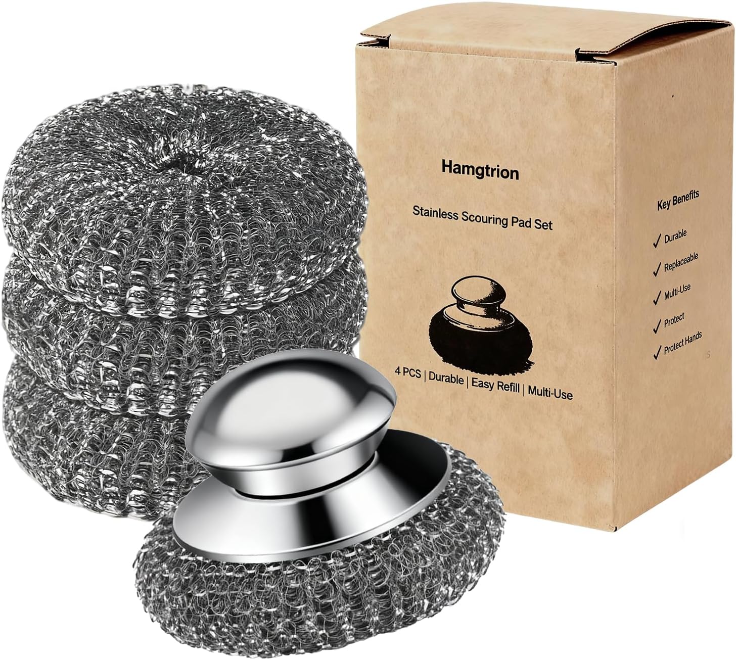 Steel Wool Scrubber, 4-Pack with Handle: Durable Stainless Steel Cleaning Pad Set for Kitchen and Beyond