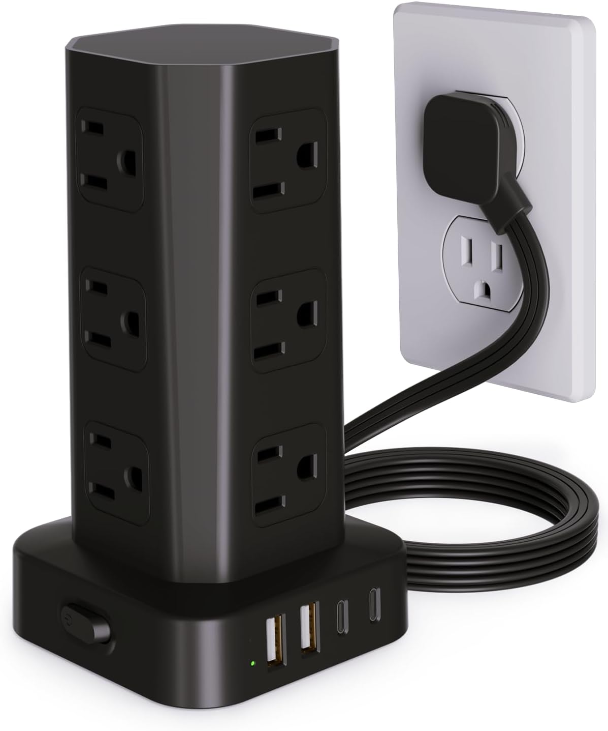 Detalle de Power Strip Tower Surge Protector: 16-in-1 Desktop Charging Station with 12 AC Outlets and 4 USB Ports (2 USB-C) - 6ft Long