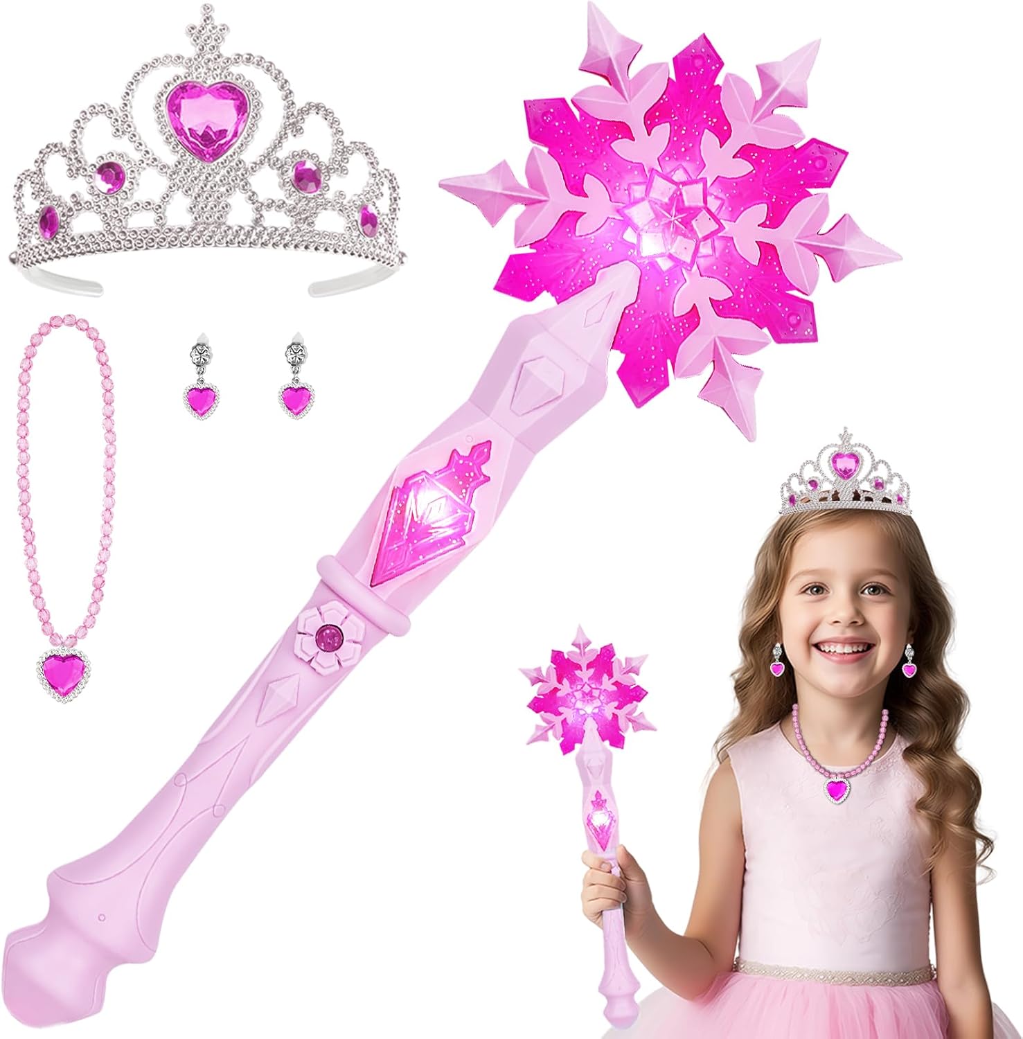 AUYAO Bacchetta Magica Bambina LED a Fiocco di Neve con collana e orecchini a corona