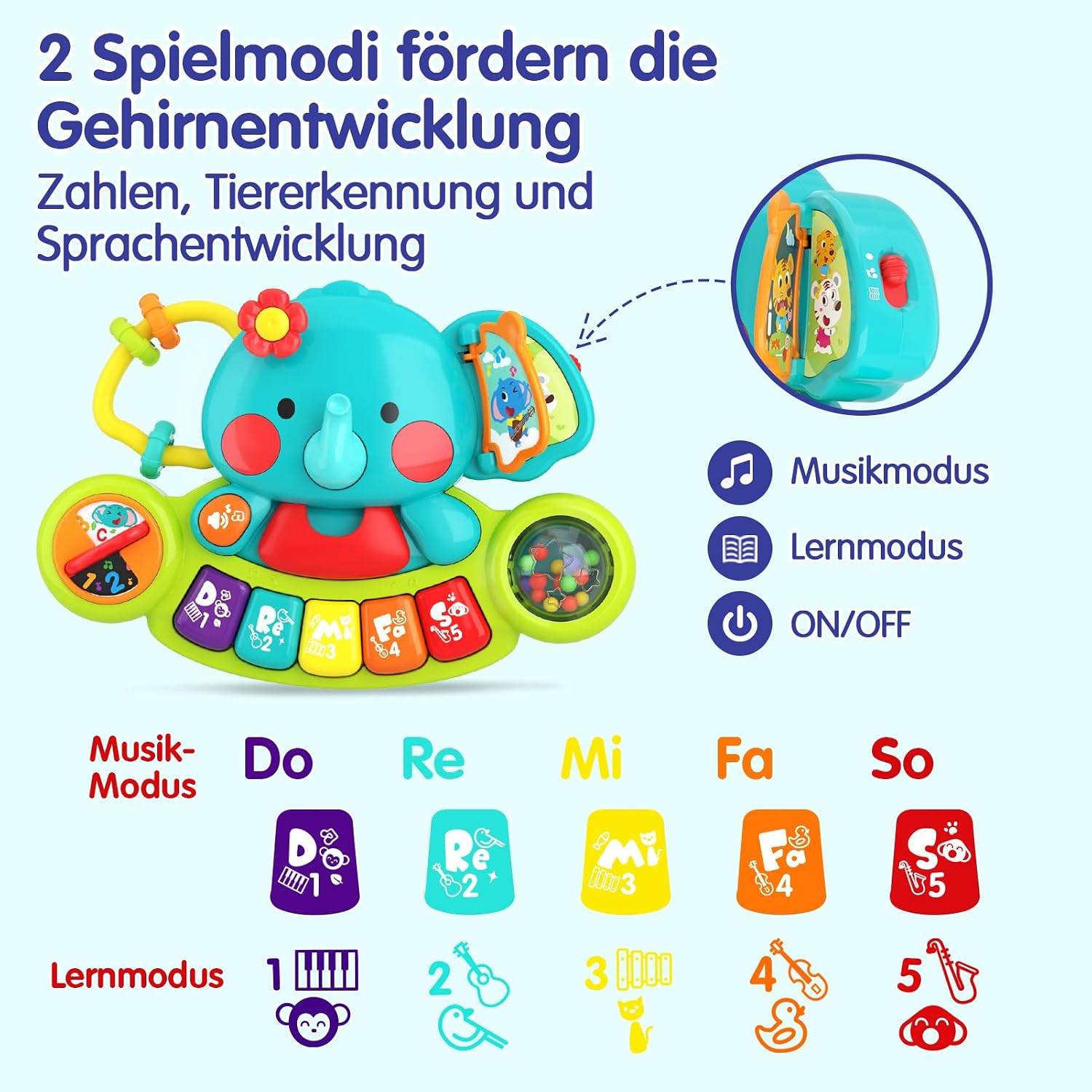 Detalle de HOLA Baby Spielzeug Elefant-Klavier (Musikspielzeug) – Licht & Klang, Motorikspielzeug für ab 1 Jahr