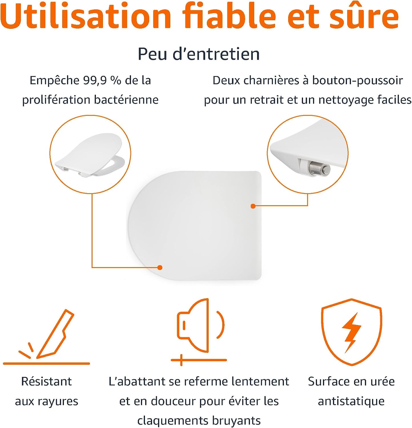 Detalle 2 de Amazon Basics Abattant WC en urée en forme de D, finition mate, blanc 43 x 36,5 cm