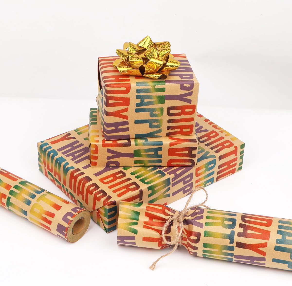 Detalle de Birthday Wrapping Paper Roll, 15m – Colourful Happy Birthday Kraft Gift Wrap