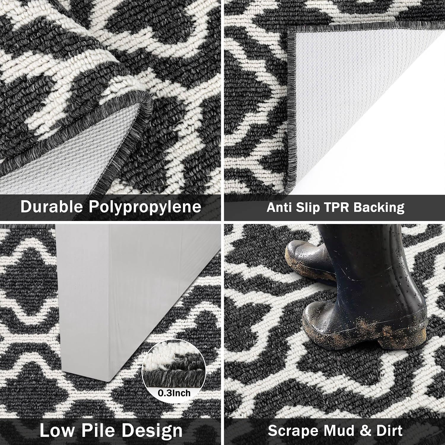 Detalle 2 de SHACOS Hallway Runner Rug (Non-Slip) 60 x 180 cm in Black – Washable polypropylene entryway & corridor carpet runner