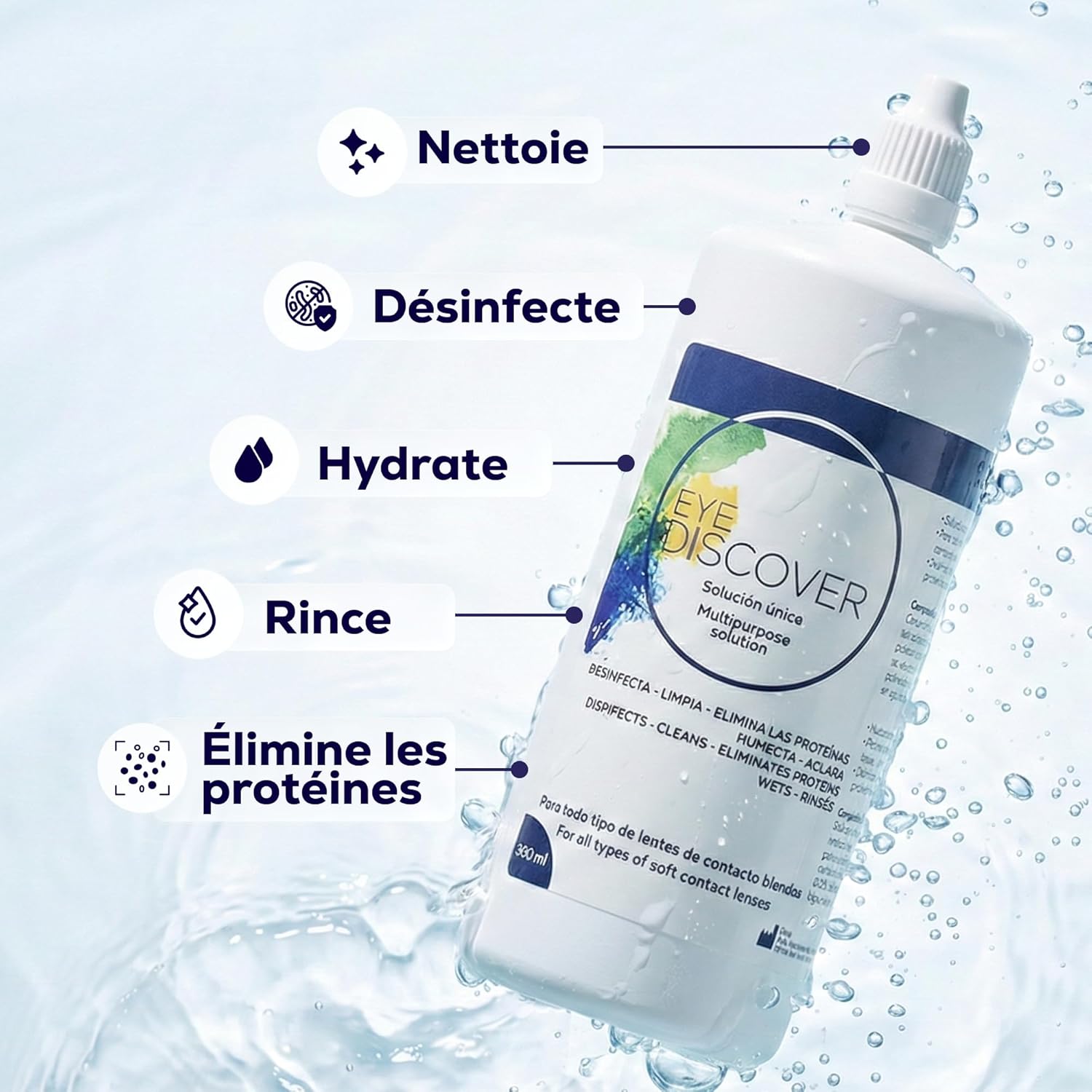 Detalle 2 de EYE DISCOVER Solution tout-en-un pour lentilles souples (désinfection, nettoyage et rinçage) – pack 3 x 360 ml + 2 étuis
