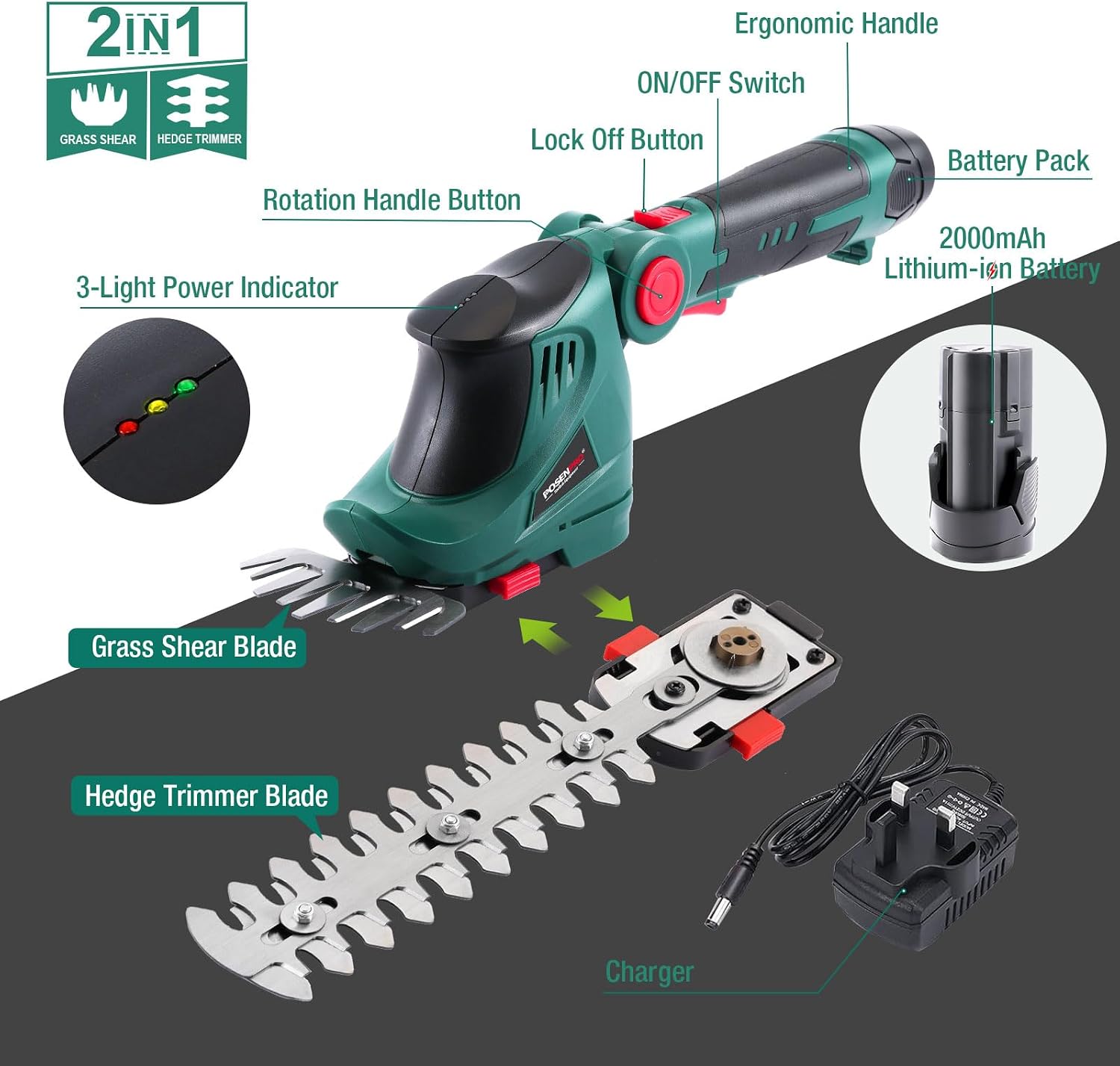 Thumbnail 1 de POSENPRO 12V Cordless Grass Shears: 2-in-1 Hedge Trimmer & Grass Cutter