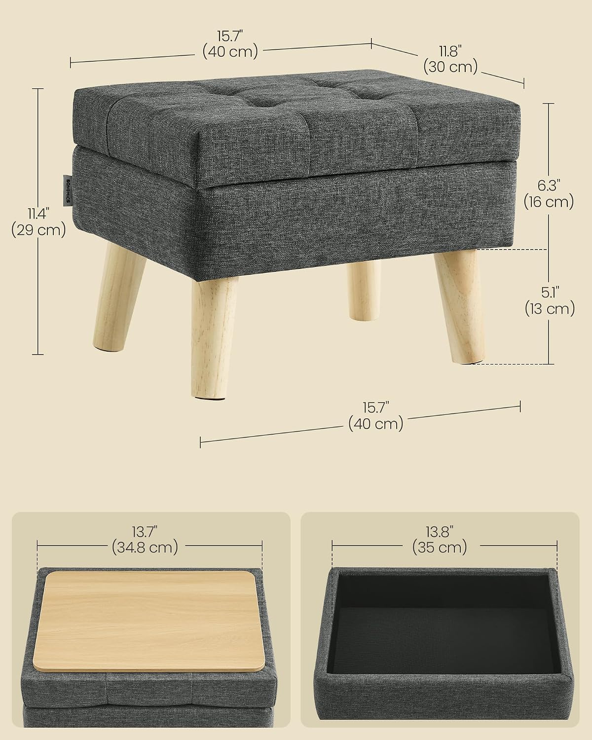 Detalle 2 de SONGMICS Storage Ottoman, 15.7 Inches