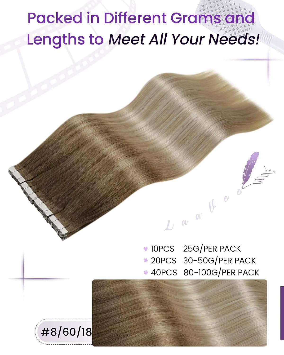 Detalle de LaaVoo Tape-In Hair Extensions: 20-inch Remy Human Hair Ombre (Brown to Ash Blonde) – 50g, 20pcs