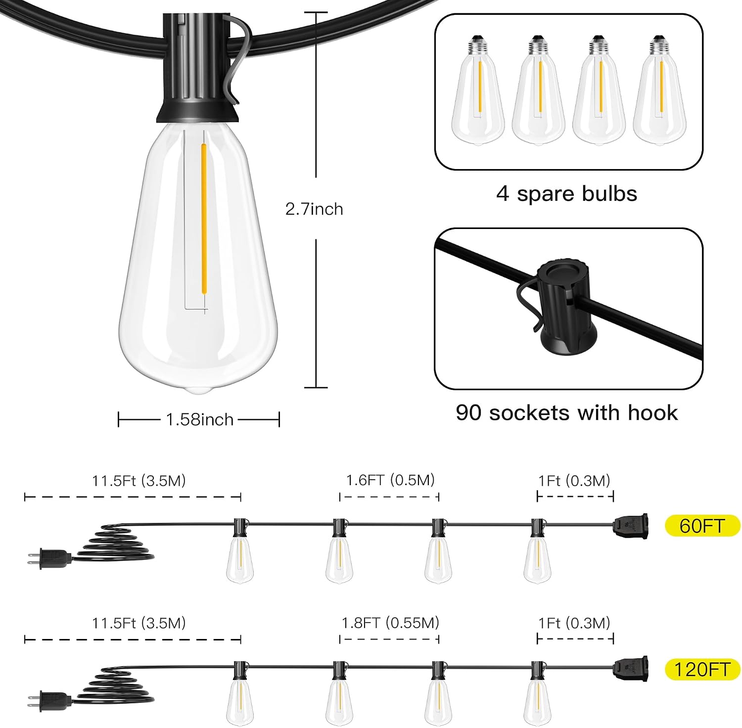 Detalle 1 de OHLUX GLS-20J2P-E17-ST38- 180 ft Outdoor String Lights, 2200K Dimmable LEDs