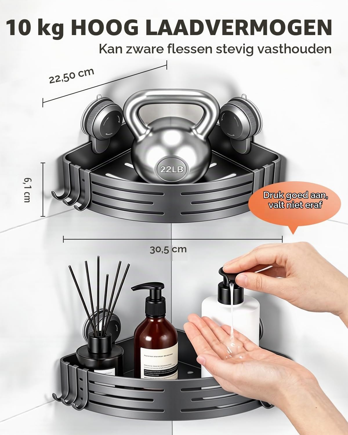 Detalle 2 de Lekesky JJ26002GY02M hoekdoucheplank met handdoekhouder en draaibare zuignappen