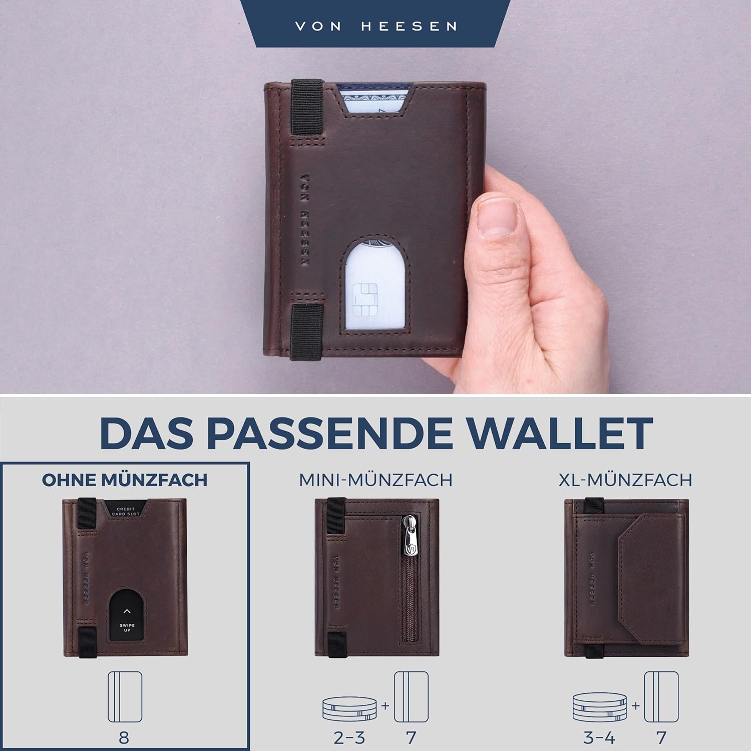 Thumbnail 5 de VON HEESEN Slim Wallet mit RFID Schutz – Herren Geldbörse klein aus Nappa-Leder (Braun Waxy)