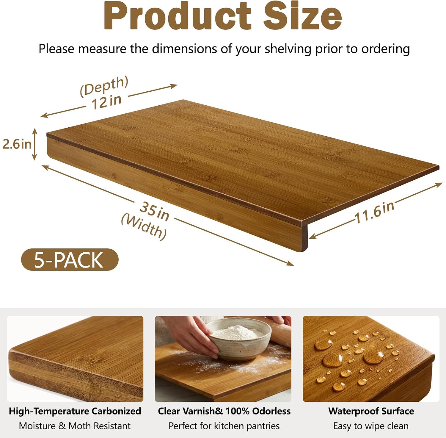 Thumbnail 5 de Fobyni Solid Carbonized Bamboo Wire Shelf Covers for Wire Shelving (5pcs, 35" W x 12" D)