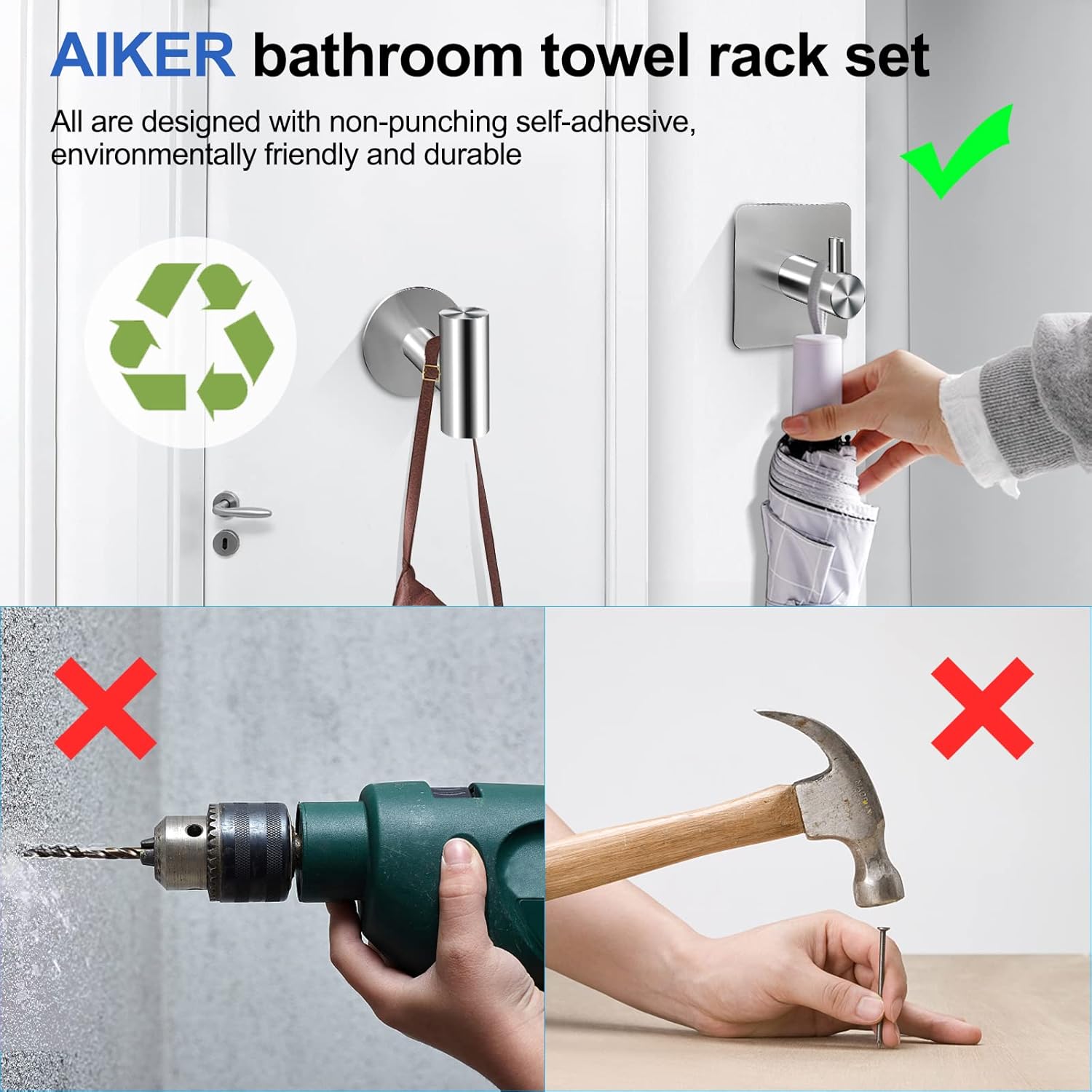 Thumbnail 4 de AIKER Porta Asciugamani Bagno – Set accessori 8 pezzi in acciaio inox 304, attacco adesivo autoadesivo